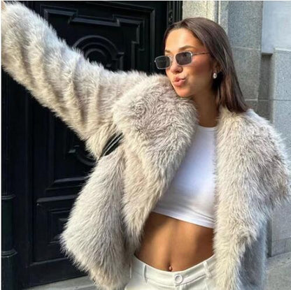 Winter Plush Coat Fashion Warm Thicken Fluffy Lapel Jacket Outwear Casual Long Sleeve Tops Womens Clothing